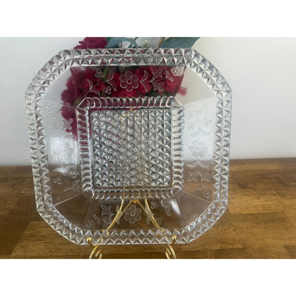 Vintage UV Reactive Etched Floral Glass Serving Tray Starburst Border Green Glow